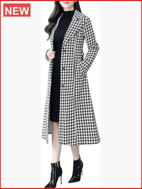 Women's Houndstooth Trench Coat Winter Single Breasted Quilt-Lined Long Coat